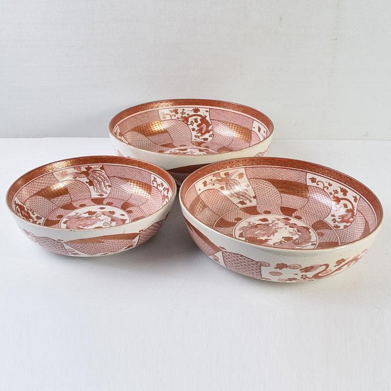 九谷焼 古九谷 赤絵八郎手 龍文 三つ組入れ子 菓子鉢 時代箱 G R9171H