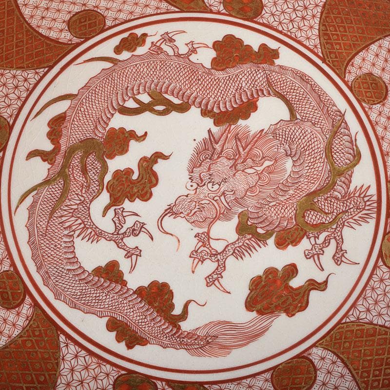 九谷焼 古九谷 赤絵八郎手 龍文 三つ組入れ子 菓子鉢 時代箱 G R9171H