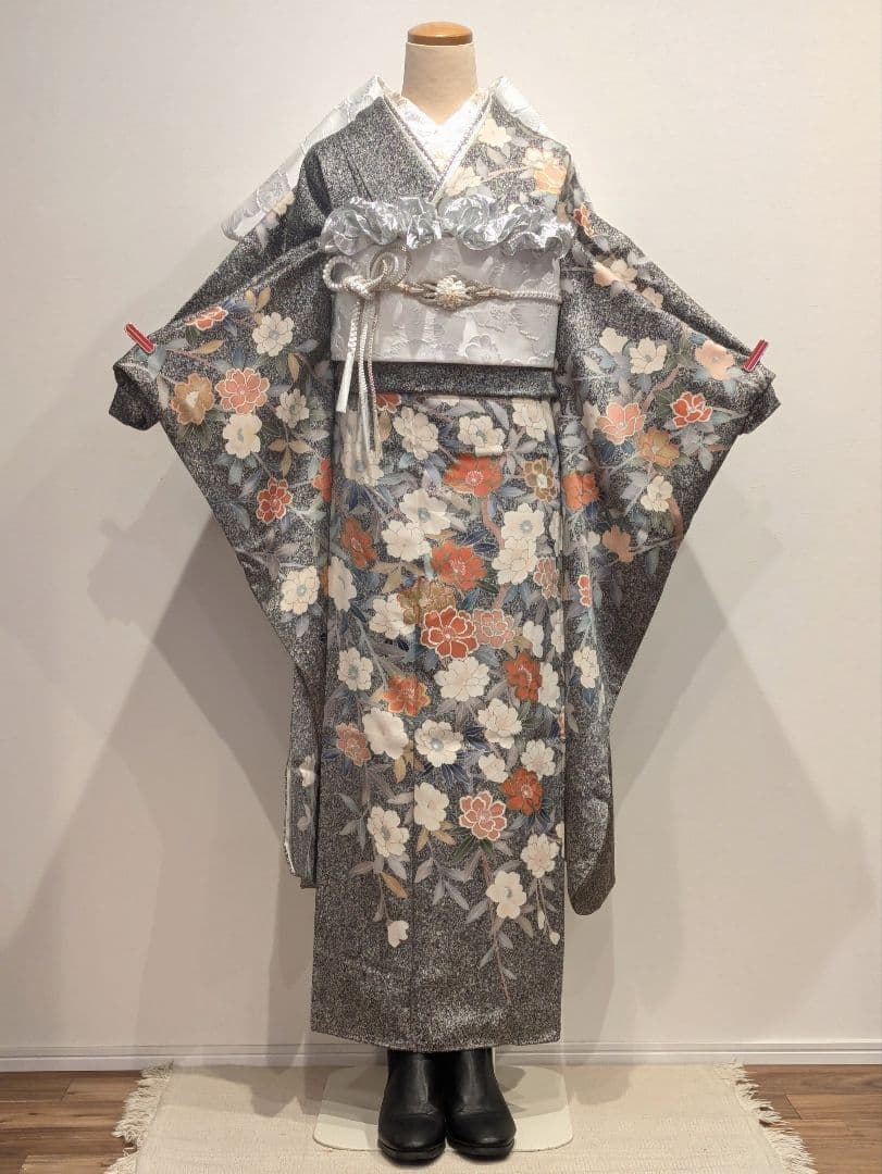 振袖フルセット 身丈171裄65 叩き染め グレー 金彩 シルバー 逸品 成人式