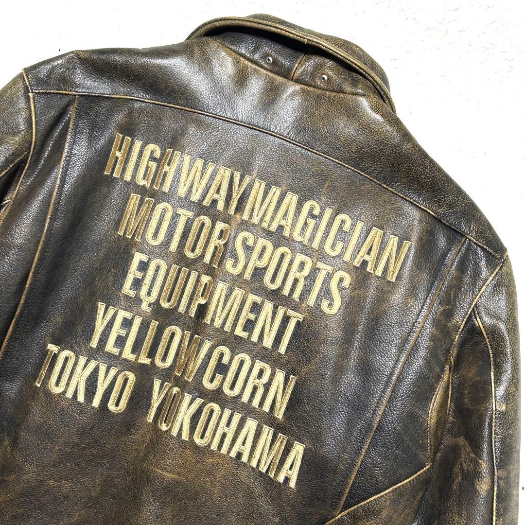 YeLLOW CORN シングルライダース 金刺繍 ロゴ ワッペン ブラウン L｜