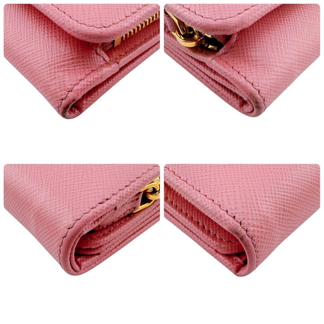 美品◇プラダ サフィアーノレザー 三角プレート 三つ折り財布 ピンク