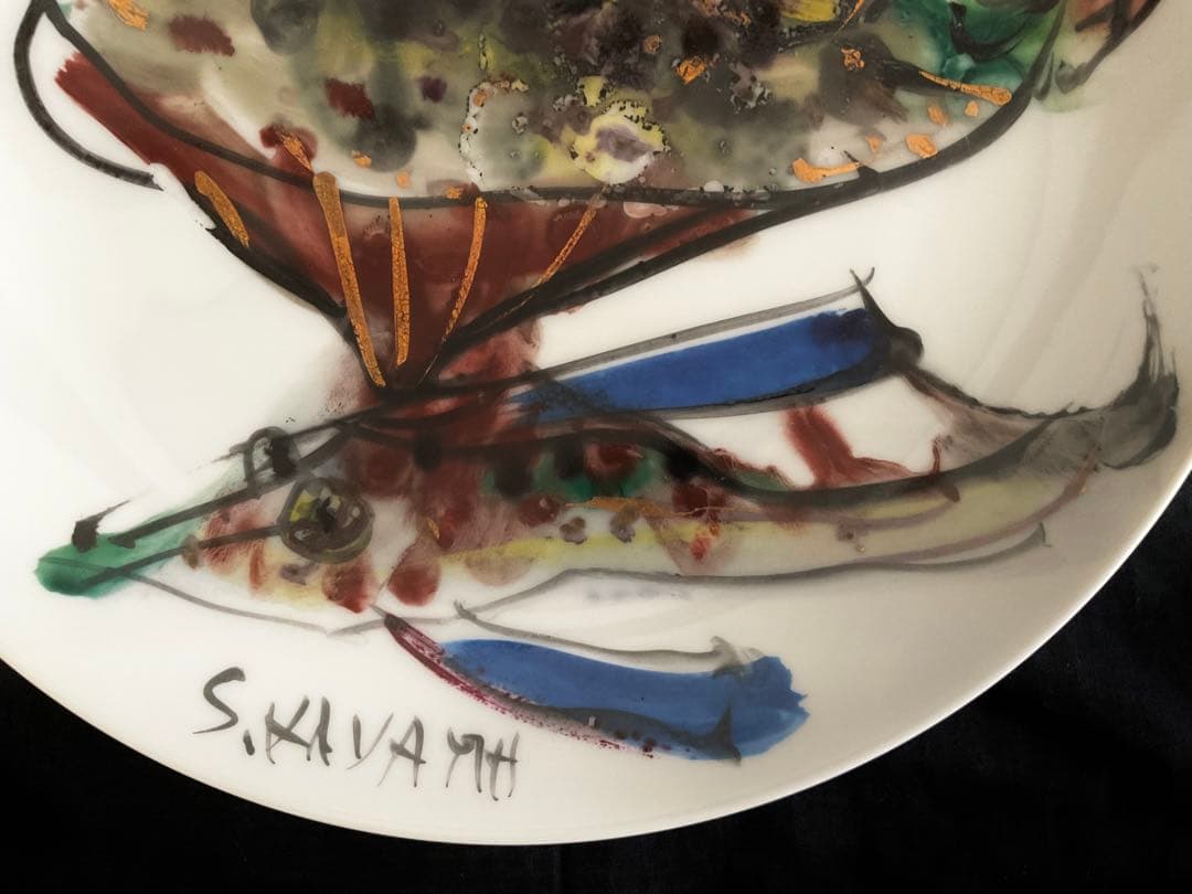 稀少！加山四郎(1900~1972)自筆絵付皿「鰈ほうぼうと鰈の図」供