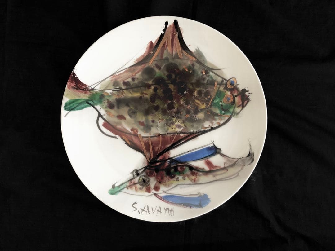 稀少！加山四郎(1900~1972)自筆絵付皿「鰈ほうぼうと鰈の図」供