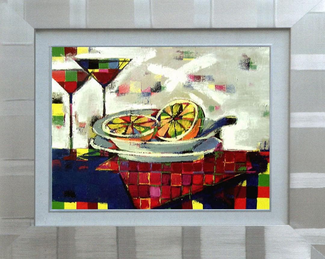 油絵 菅家令子インテリア 額付(黒) uF6-061703 静物 フルーツグラス