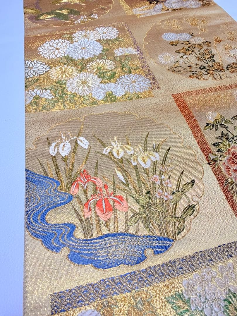 本草木柿渋染 伝統工芸士福本久人 袋帯 六通柄 正絹 花唐草 未使用 イ6371