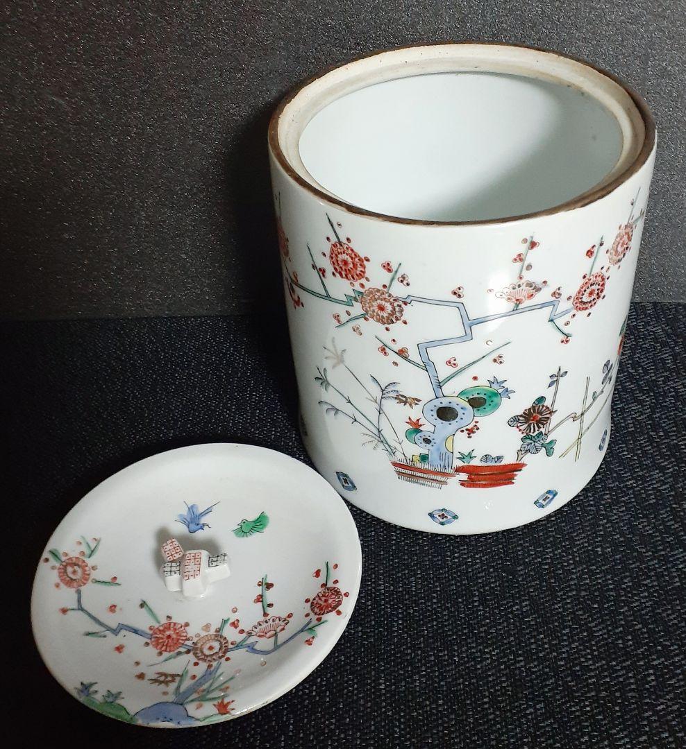 明治時代～大正時代ころ　錦手　【柿右衛門手】　梅に鶯　生垣図　水指　茶道具　茶器