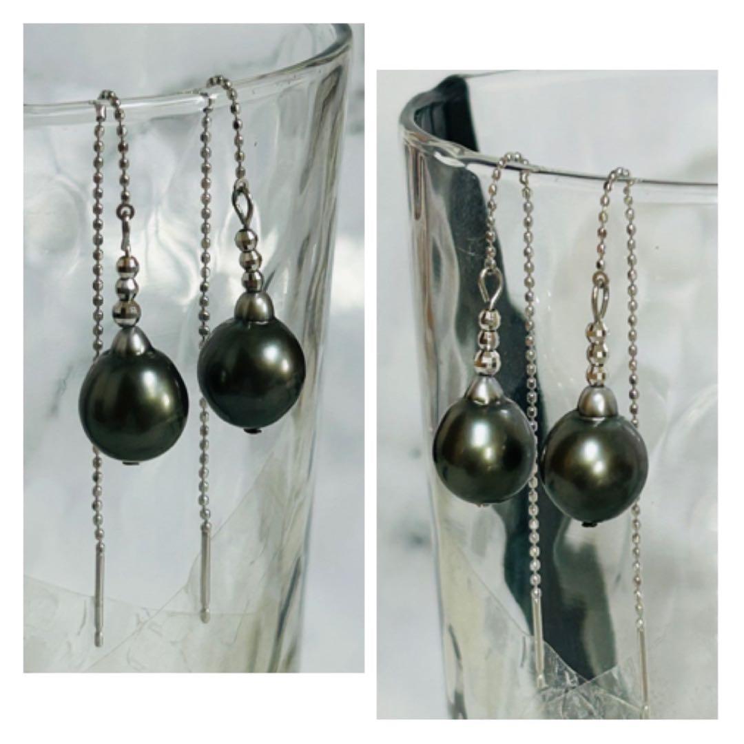 M0107-4)K10,18WGタヒチ黒蝶真珠アメリカンピアス K18 タヒチ黒蝶真珠