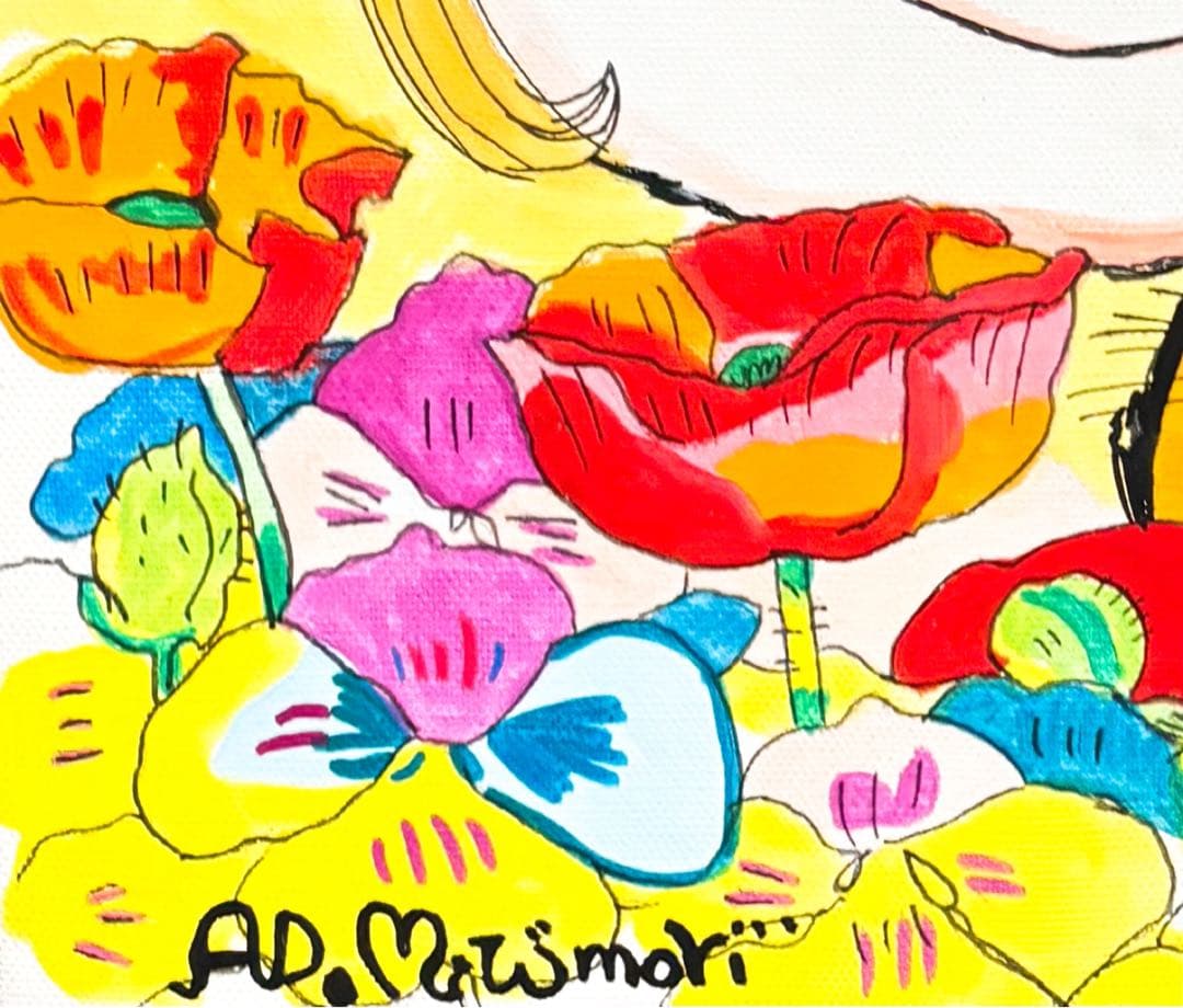 F4号】手描き油彩 水森亜土 額縁 未使用額 サイン 人気作品 絵画 人気