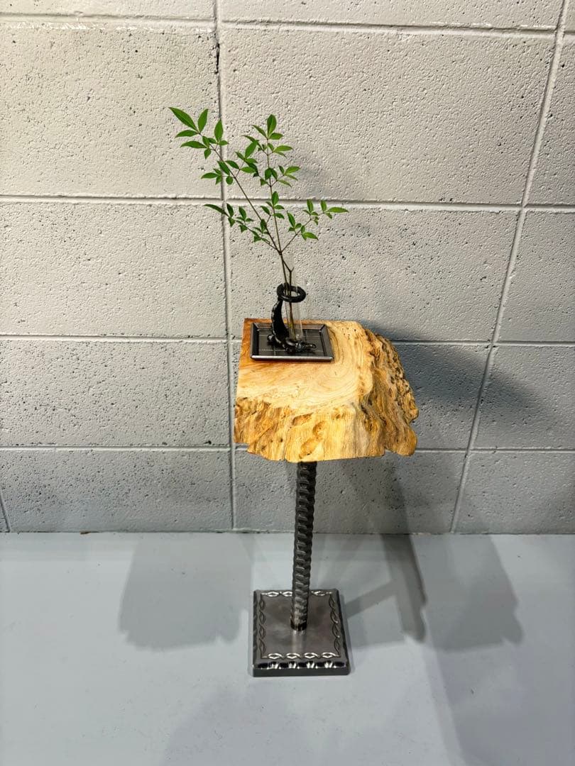 欅サイドテーブル、コーヒーテーブル、観葉植物スタンド一枚板銘木 鉄家具