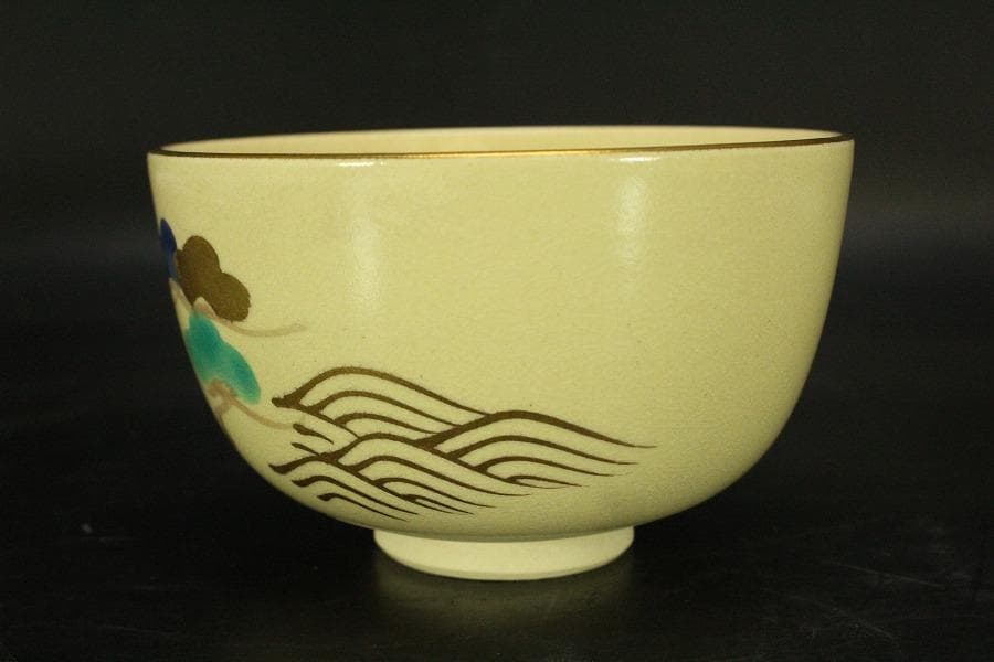 茶道具 清水焼 色絵 波松絵 茶碗 在印(A603)