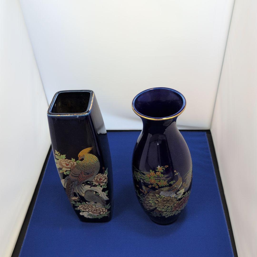 濃紺の陶器花瓶2点セット