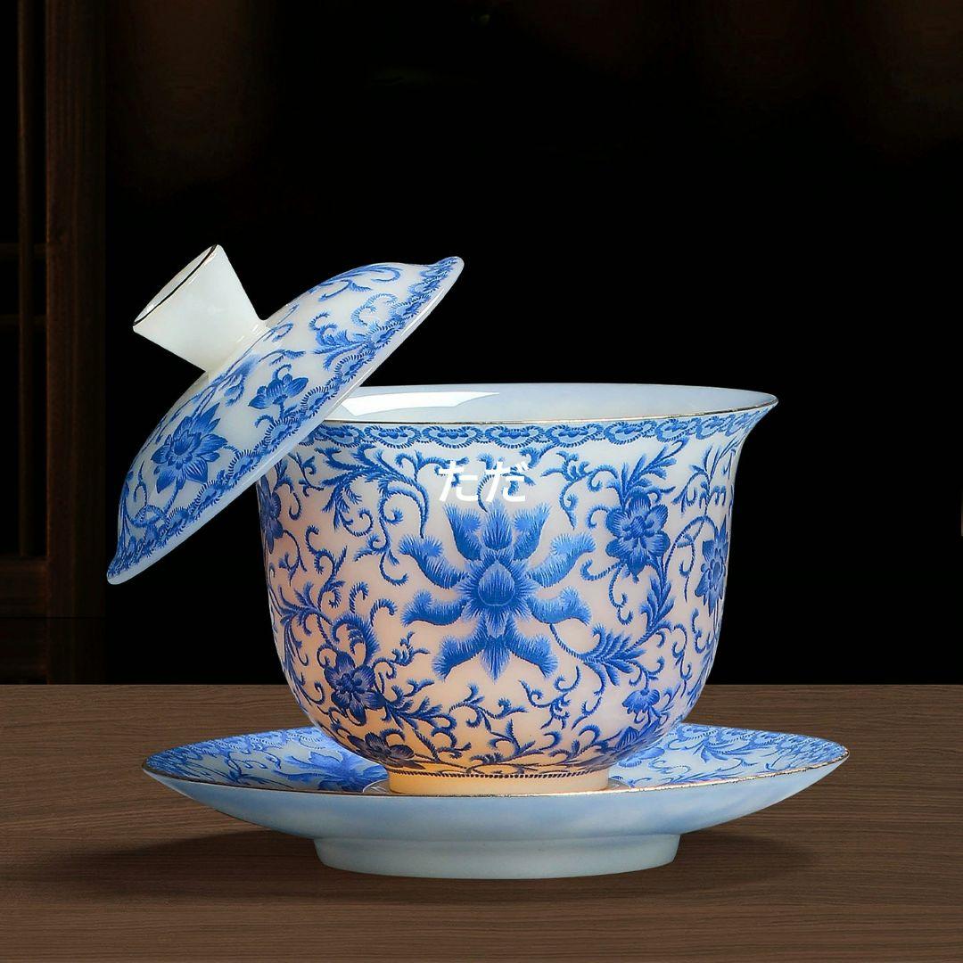 中国茶器 磁器 纏枝蓮三才蓋碗 茶碗 茶道具 新品未使用