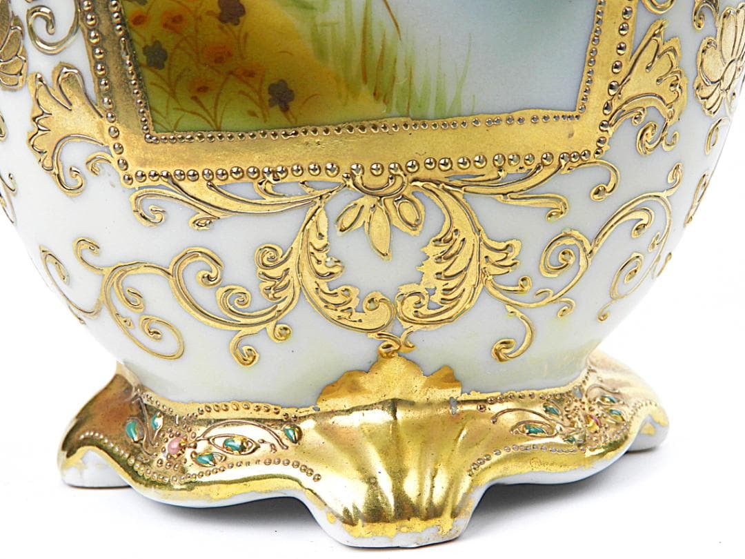 オールドノリタケ 金彩ジュエル風景画 プレッツェルハンドル 飾り壷 アンティーク
