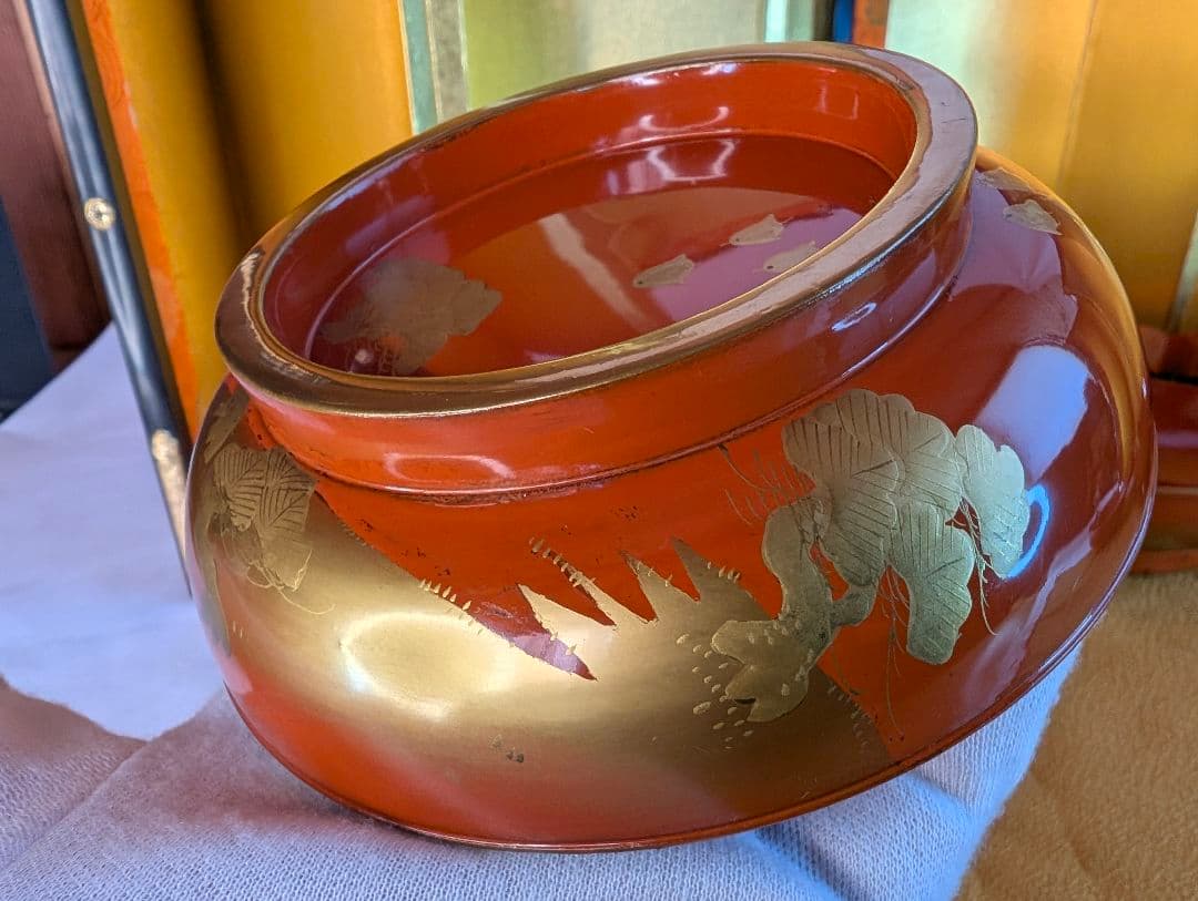 明治時代 輪島塗 金蒔絵 蓋付椀 波千鳥 3客 木製 汁椀 雑煮椀