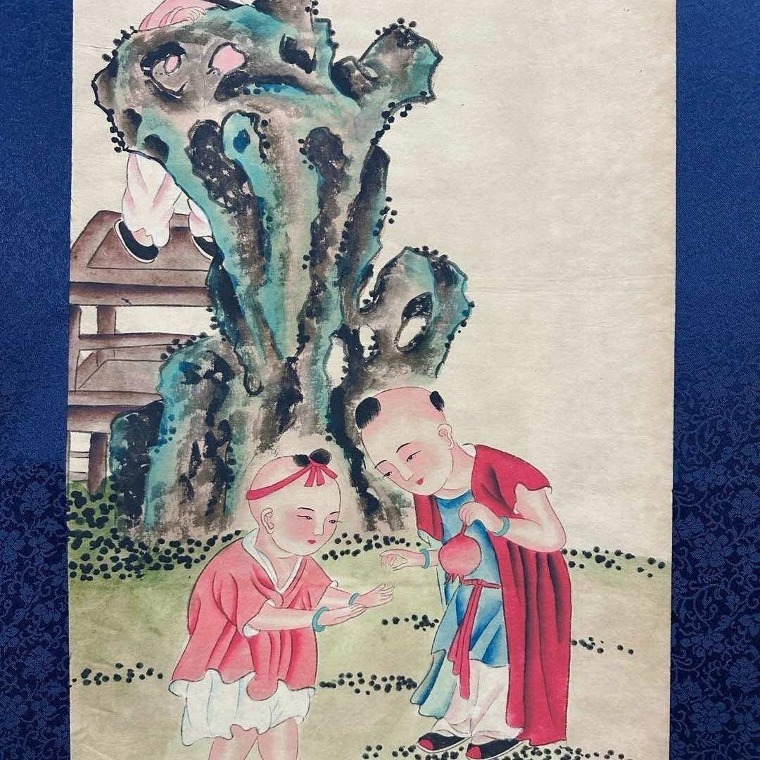 唐寅 童戏図 四条屏 掛け軸セット 証書付き／宣紙／装裱済み／中国美術