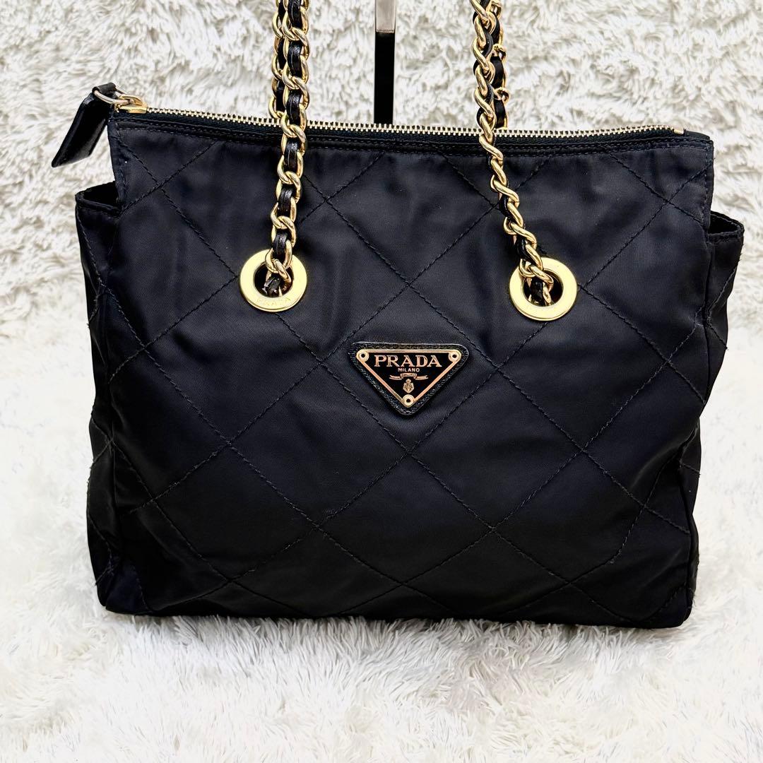 PRADAプラダ チェーンショルダーバッグ キルティング 三角ロゴ ナイロン 黒