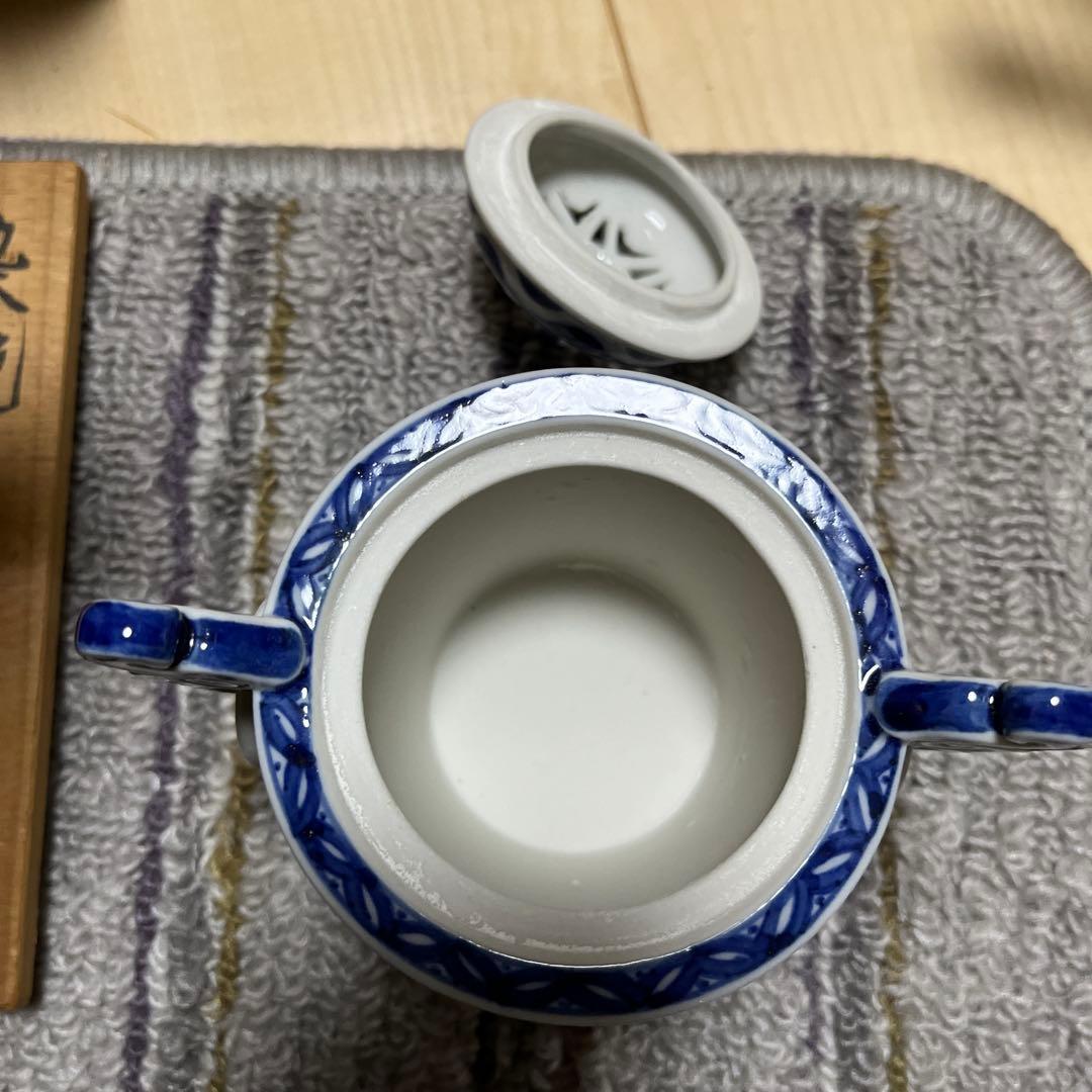 染付 耳付 香炉 七宝透かし 遊環 九谷焼 長峰 共箱 香櫨 骨董 陶芸