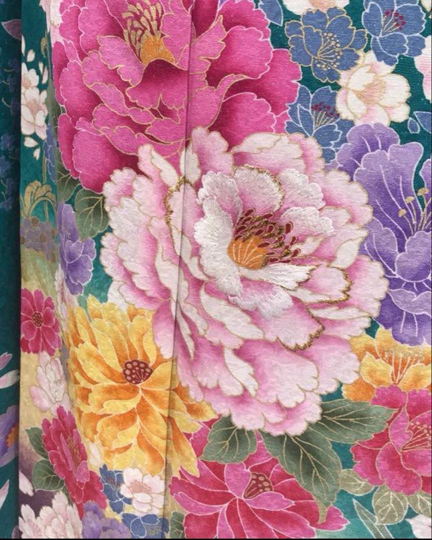 グリーン ターコイズブルー 振袖 成人式 ショール 髪飾り 草履 バッグ一式