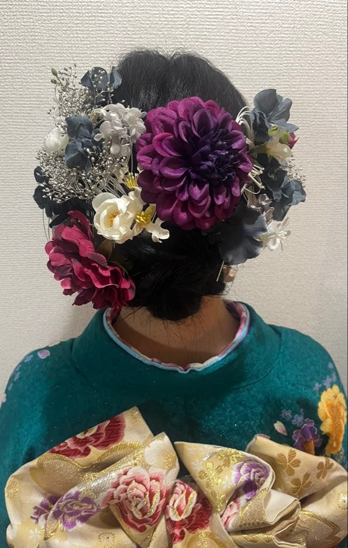 グリーン ターコイズブルー 振袖 成人式 ショール 髪飾り 草履 バッグ一式