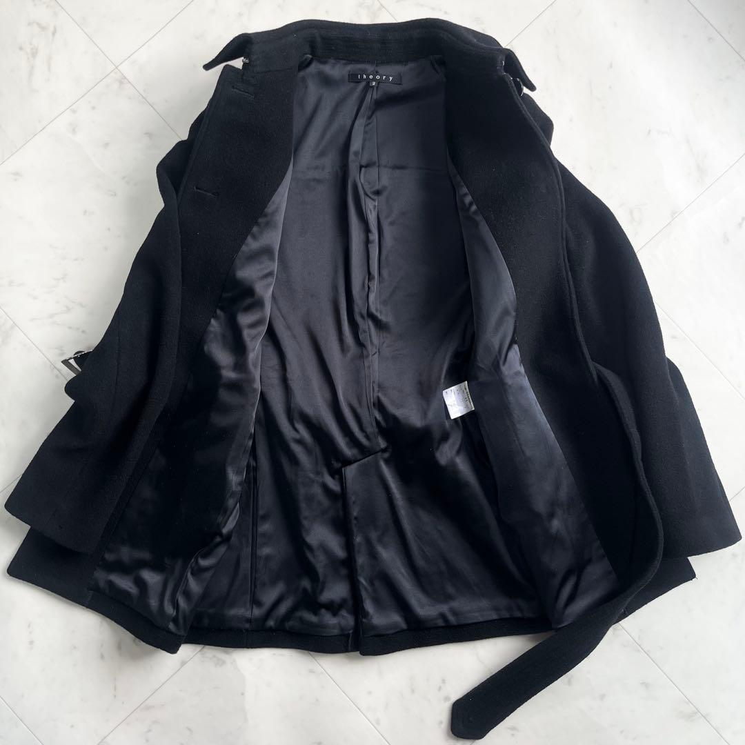 Theory セオリー カシミヤ ショート丈コート 黒 ベルト Aライン M