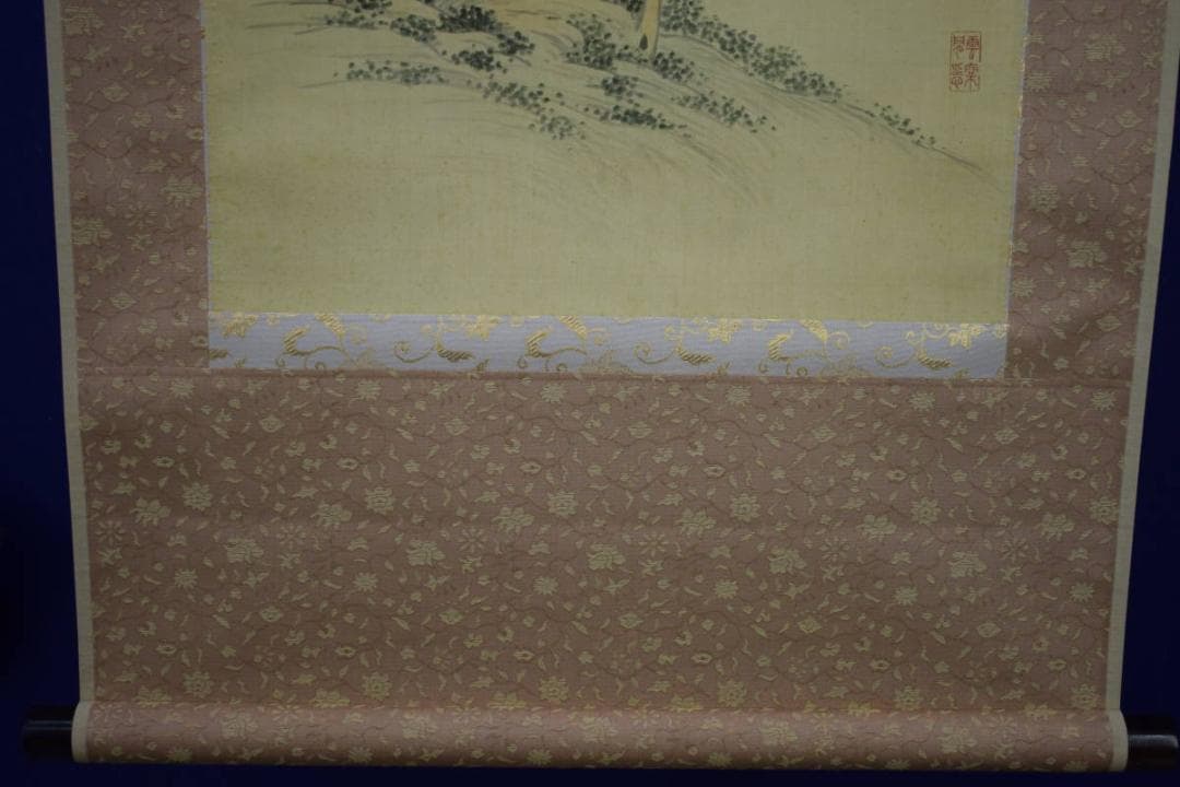 真作/有竹田世美/山水山村人物図/布袋屋掛軸HJ-220