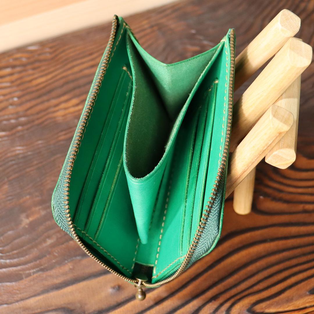 本革L字ファスナーウォレット 6カード収納 マチ付 グリーン 緑 ヌメ革 財布