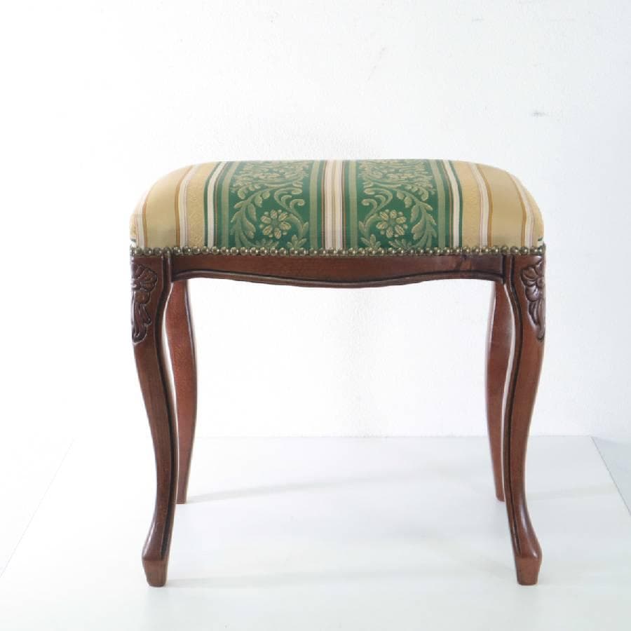値下イタリアンクラシカル家具 猫脚スツール グリーン系ストライプ柄 鋲打ち 彫刻