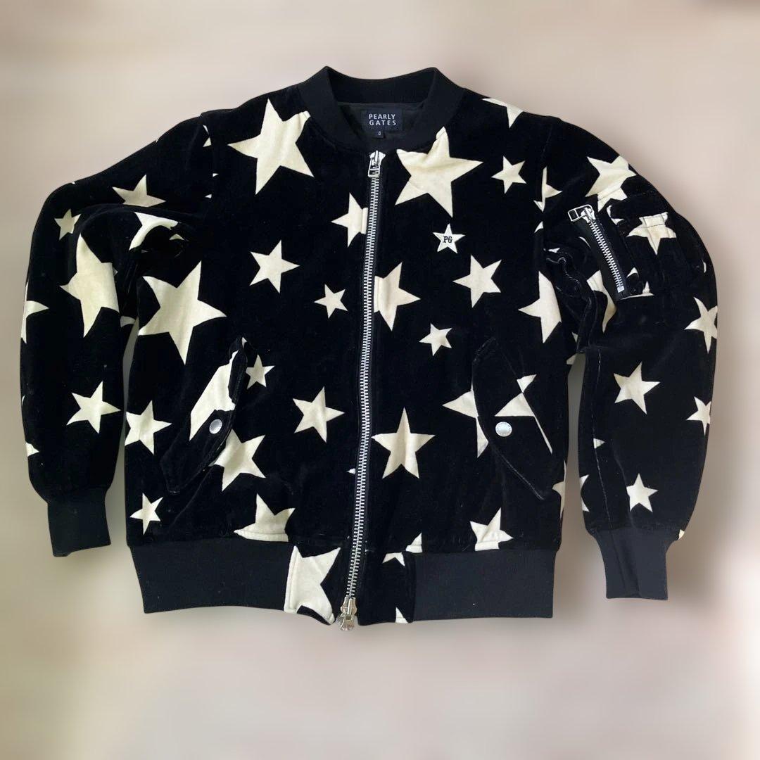 パーリーゲイツジャケットブルゾン黒/白星柄 ベロア調レディースO/ S