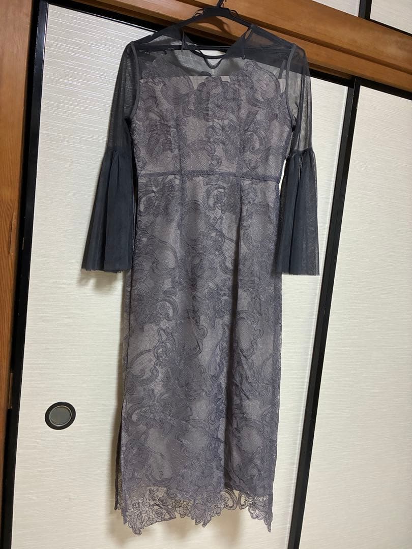 試着のみ】Leja シアー刺繍レースプリーツIラインロングワンピースドレス