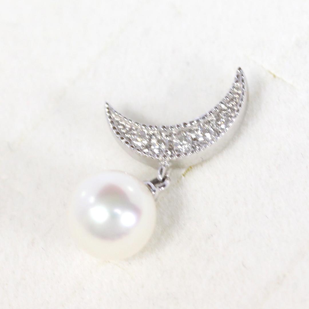 超美品 ミキモト K18WG パール ブローチ ダイヤ ムーン ピンブローチ