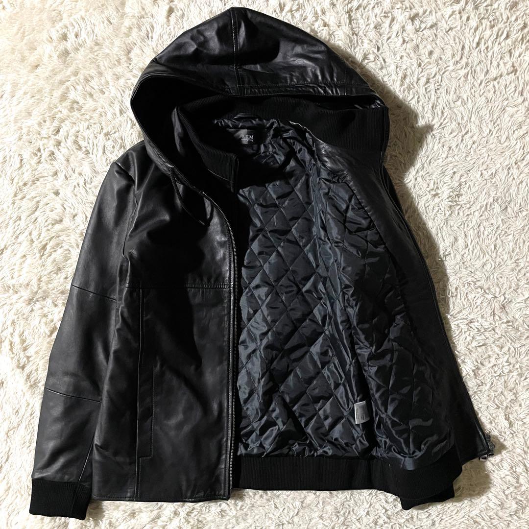 極美品】AKM ラムレザー 羊革 レイヤードレザーフードジャケットブラック L
