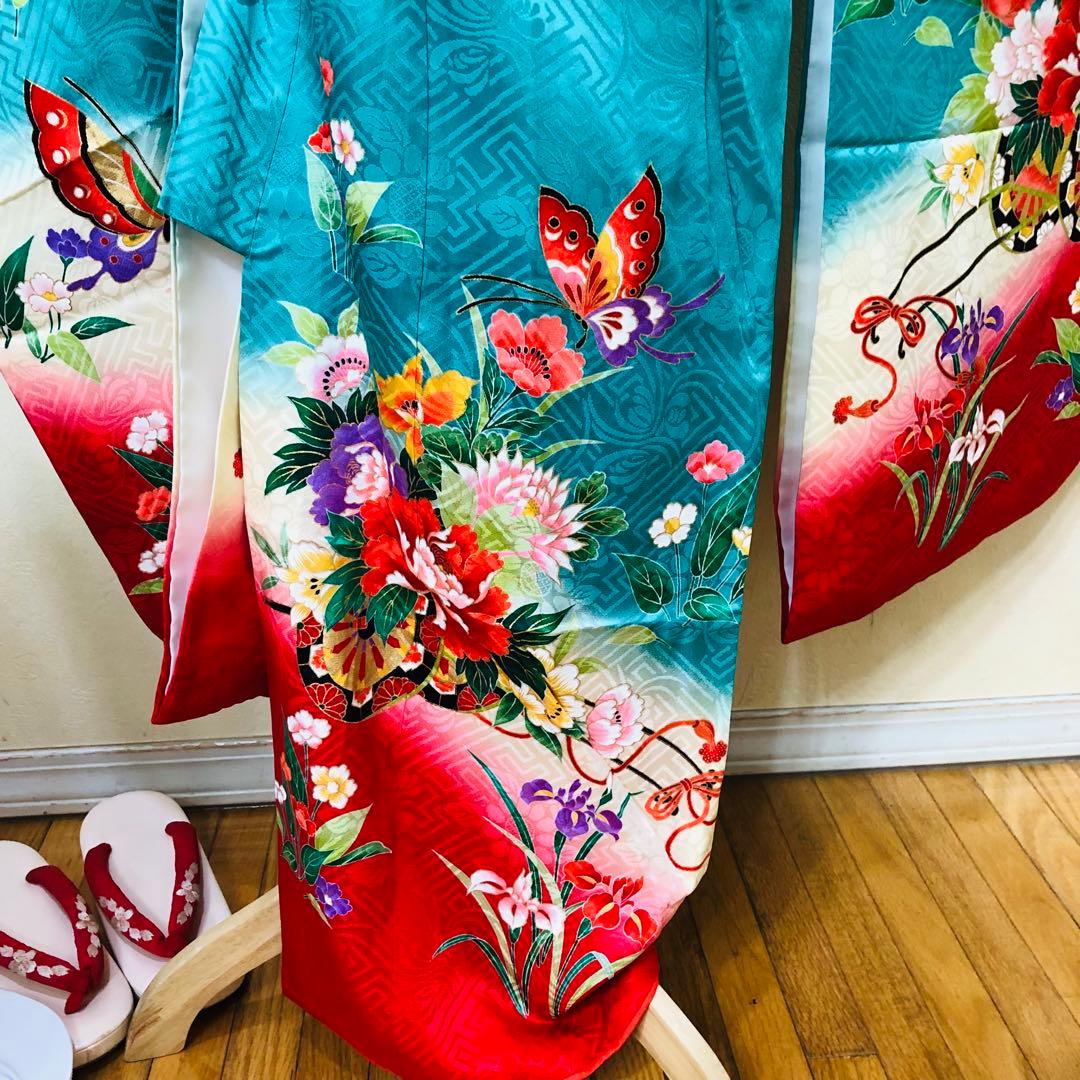 七五三七歳‼正絹️完全フルセット‼️人気Blue Greenに花車金彩煌びやか際立つ