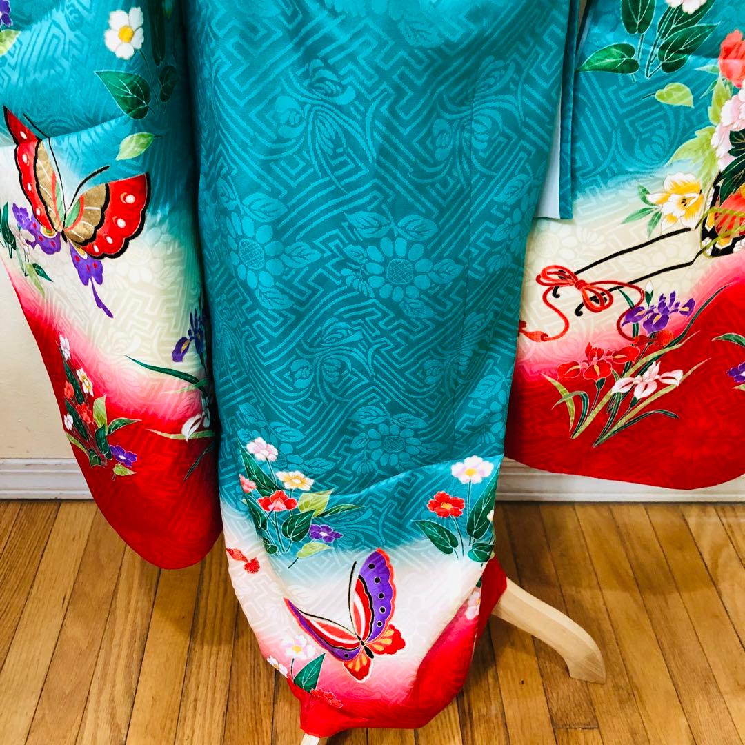 七五三七歳‼正絹️完全フルセット‼️人気Blue Greenに花車金彩煌びやか際立つ