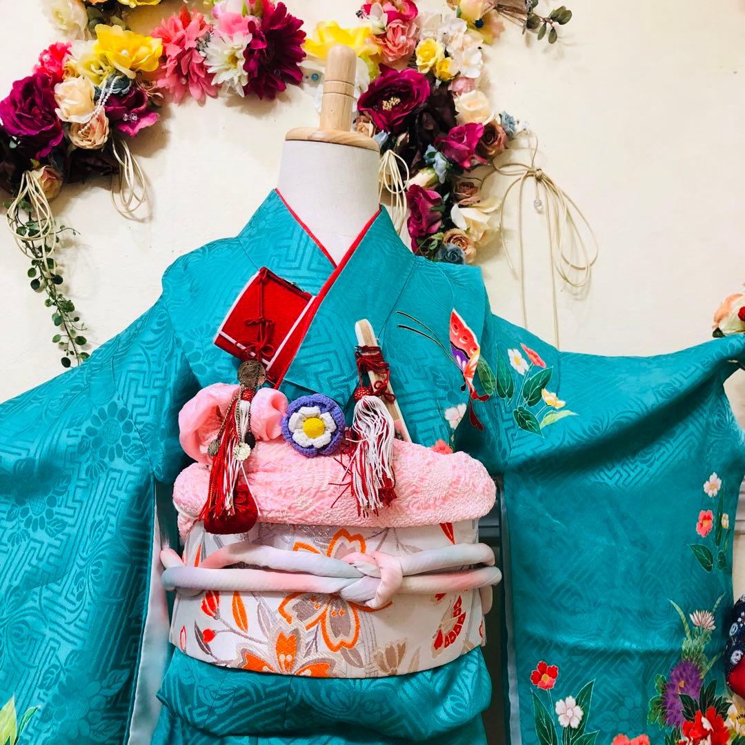 七五三七歳‼正絹️完全フルセット‼️人気Blue Greenに花車金彩煌びやか際立つ