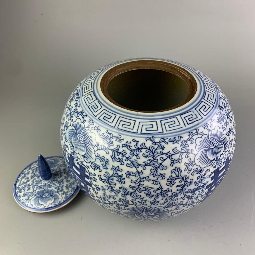 景徳鎮 陶磁器 青花喜字スイカ缶 茶缶茶道具 装飾品 現代工芸品 置物