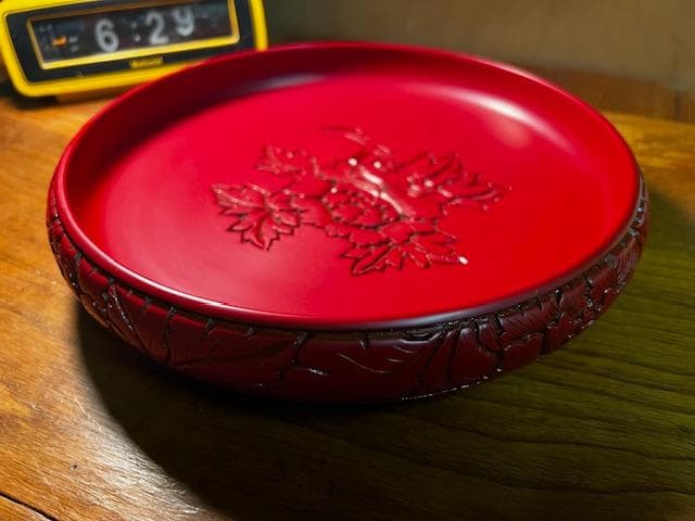 未使用 村上堆朱 菓子器 牌丹彫刻 木箱入り 伝統工芸 漆器