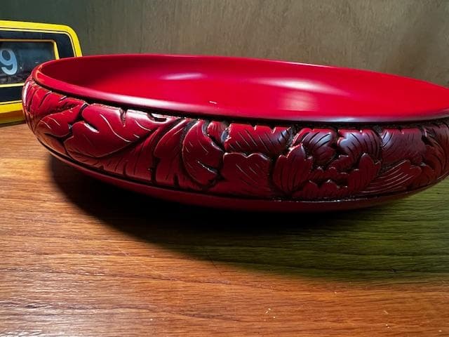 未使用 村上堆朱 菓子器 牌丹彫刻 木箱入り 伝統工芸 漆器