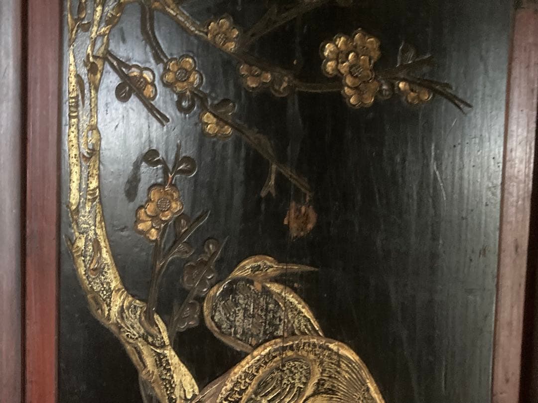 李朝 木彫 壁飾り 漆塗花鳥図金彩彫 民画 中国美術 朝鮮美術 時代物