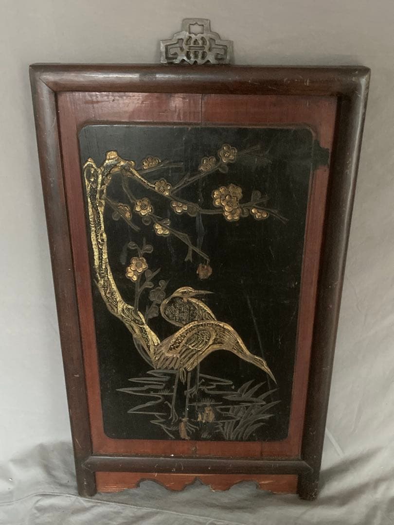 李朝 木彫 壁飾り 漆塗花鳥図金彩彫 民画 中国美術 朝鮮美術 時代物