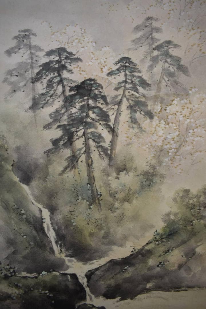 真作/佐藤古岫/嵐山春色筏人物図/桐共箱付/布袋屋掛軸HJ-233