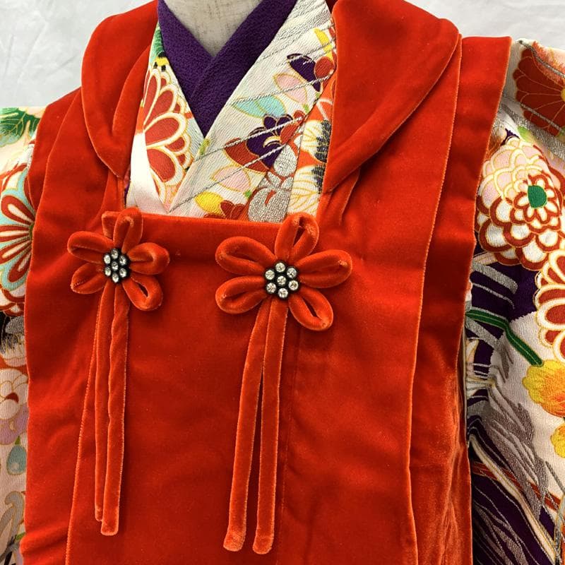 510ag63□七五三 三歳 アンティーク 着物&被布 銀彩 御所車□状態良好