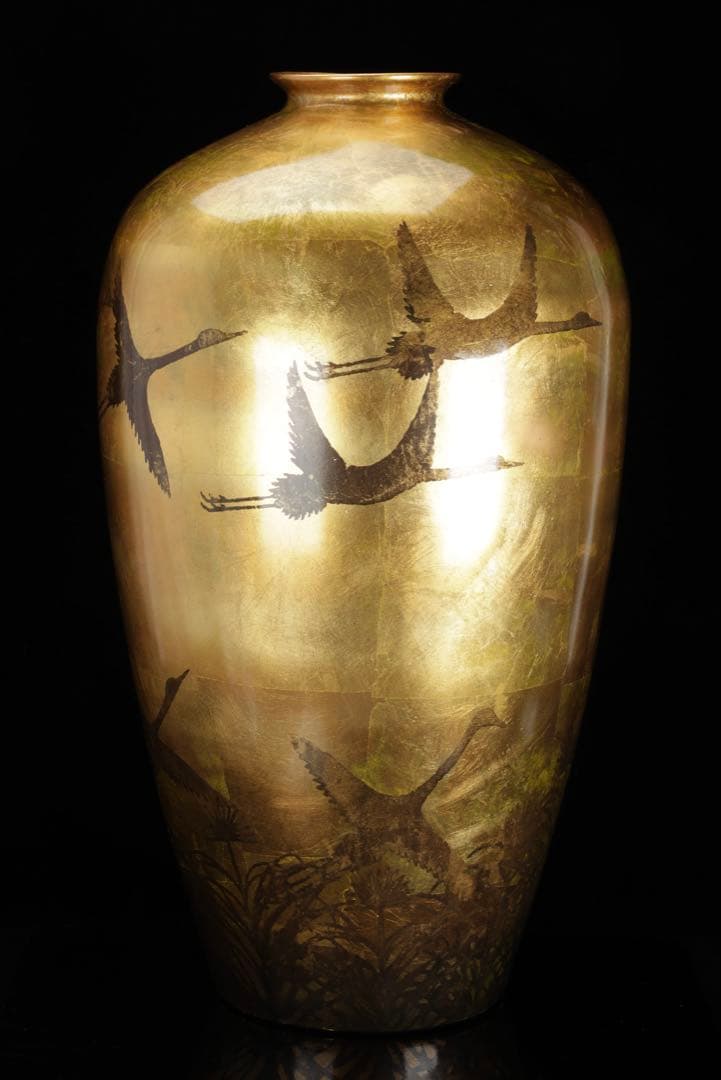 大型 漆塗 金地花瓶 鶴図 秋草文様 高さ62cm 花器 飾壺 古美術品 骨董品