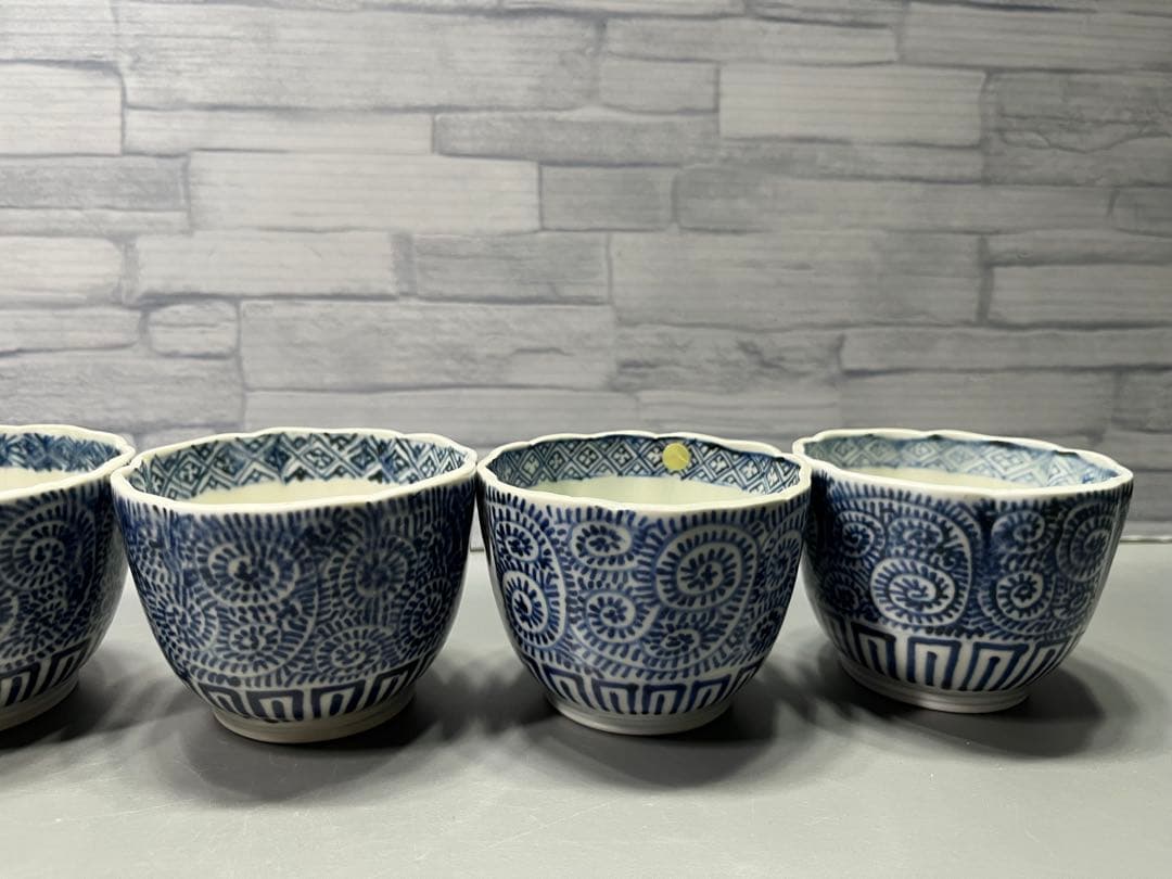 江戸後期 蛸唐草文 染付 輪花 そば猪口 向付 6客