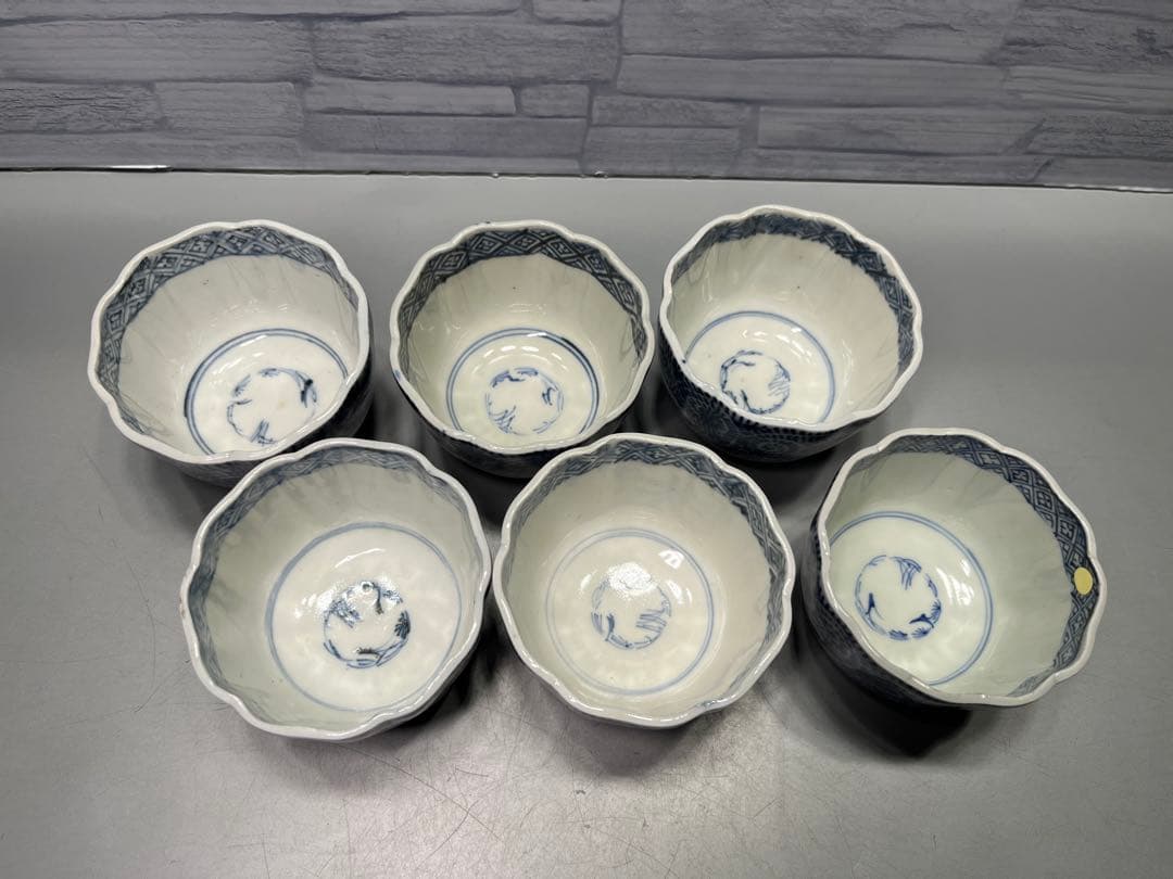 江戸後期 蛸唐草文 染付 輪花 そば猪口 向付 6客