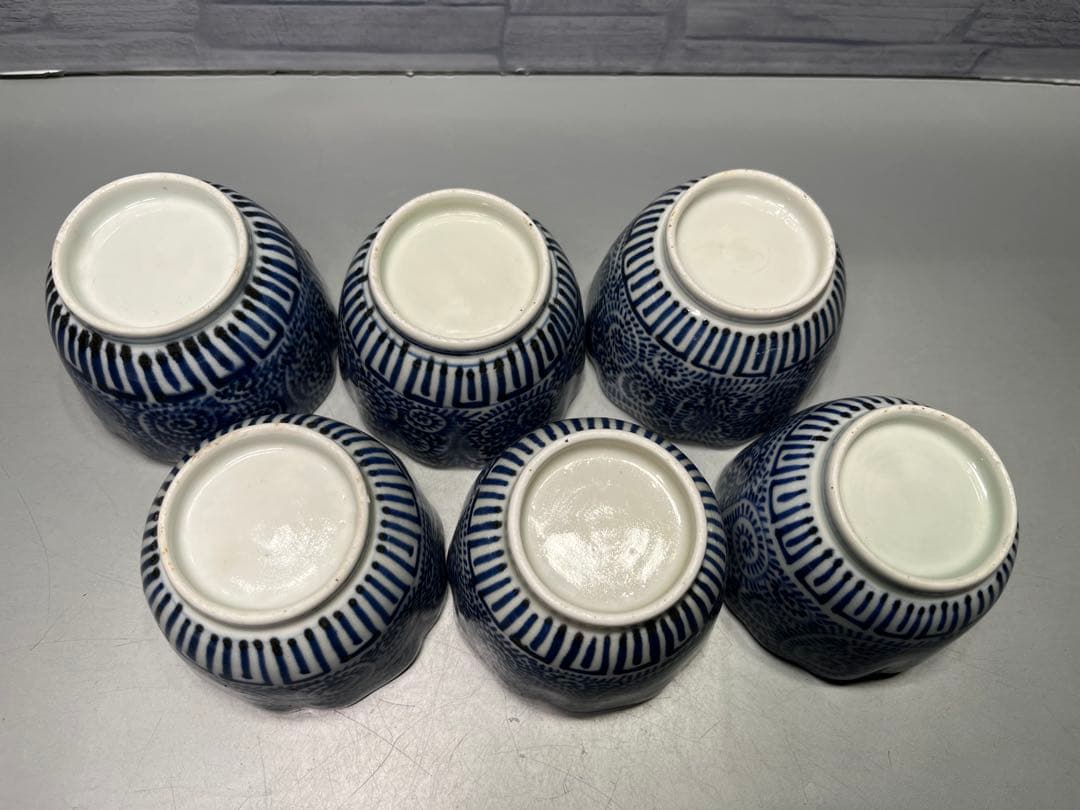 江戸後期 蛸唐草文 染付 輪花 そば猪口 向付 6客