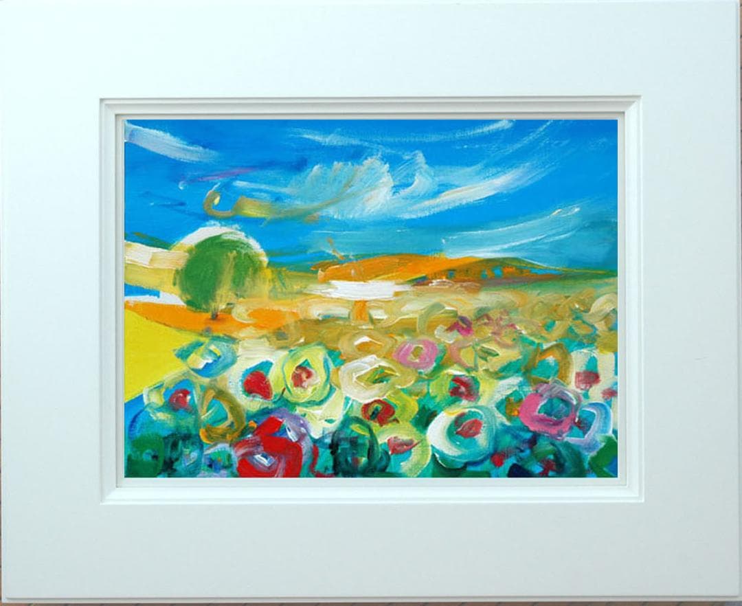 油絵 菅家令子 絵 絵画インテリア額付(青緑＋金色の枠)uF6-050610風景