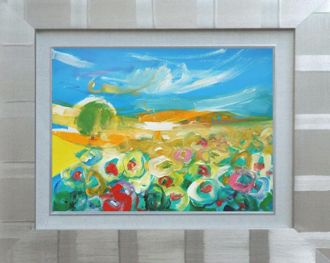 油絵 菅家令子 絵 絵画インテリア額付(青緑＋金色の枠)uF6-050610風景