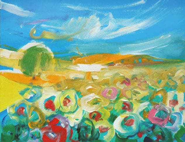 油絵 菅家令子 絵 絵画インテリア額付(青緑＋金色の枠)uF6-050610風景