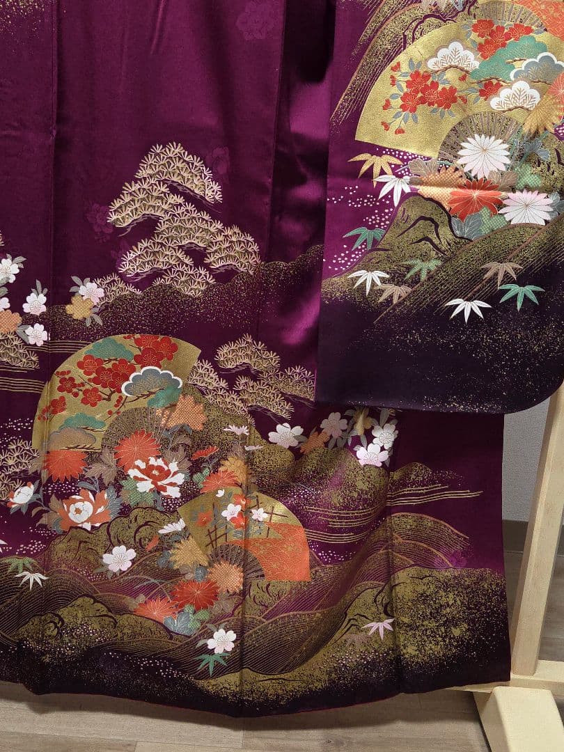 B5◇着物くつろぎ 扇面花模様 金彩 金駒刺繍 袷 正絹 成人式 振袖