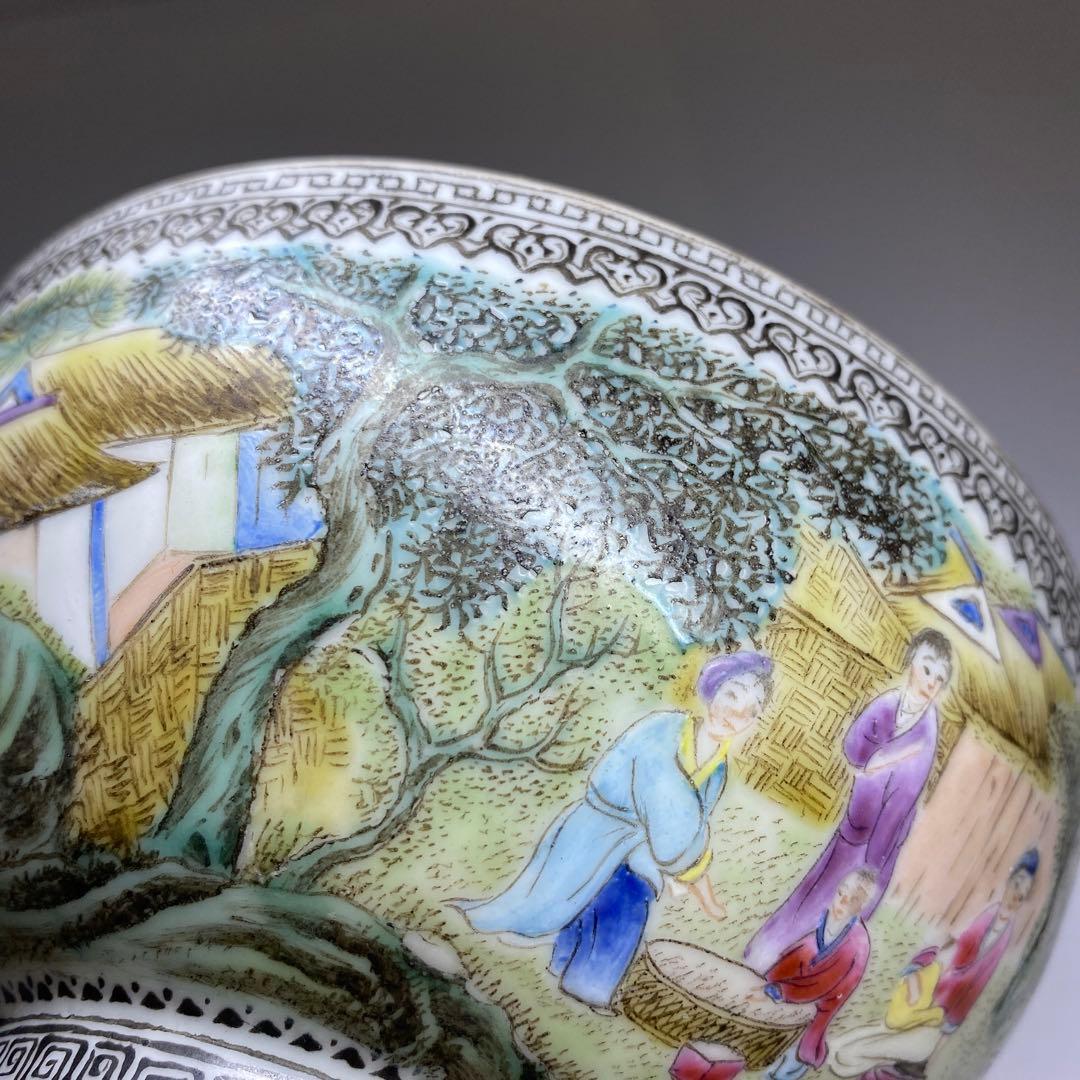 中国清時代 乾隆年製 薄胎極上人物風景画鉢 箱付 東Y7-0331☆2Fトヒト